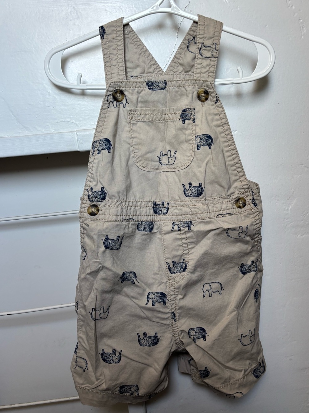 Carter's Beige Short Overalls with Navy Elephant Print